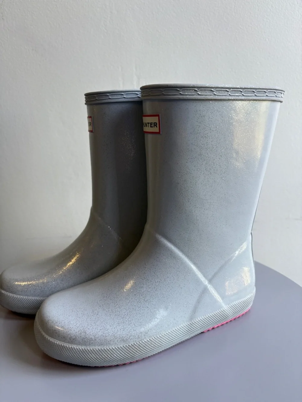 Hunter Rain Boots, Sparkly Silver w Pink Soles. Size 13. Like New